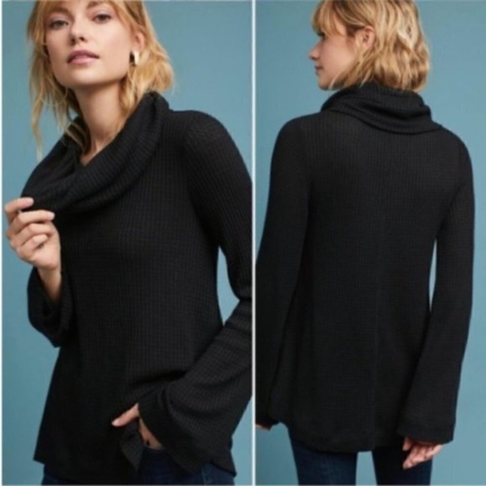 Meadow Rue Anthropologie Black Galenia Waffle Thermal Cowl Neck Tunic Top XS